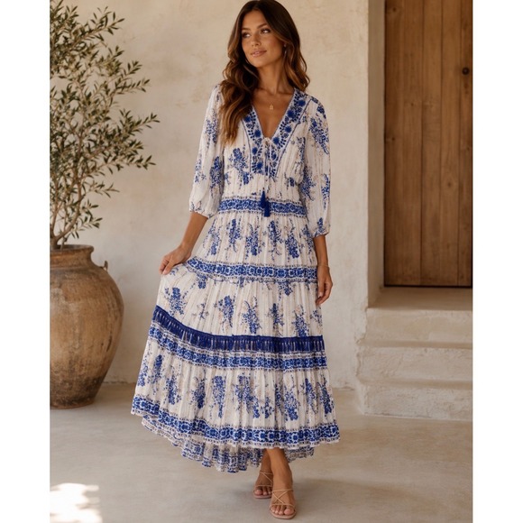 Anthropologie Dresses & Skirts - Anthropologie Me 2 Magic Tiered Dress Womens XL Blue Embroidered Tassel Tie Boho
